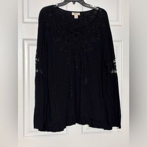 Style & Co. Black Boho Blouse with Flower Embroidery Tassel Tie Size XL